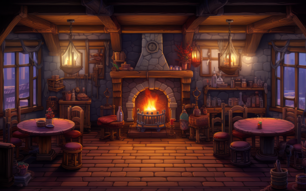 Cozy medieval tavern interior with fireplace HD desktop wallpaper and background.