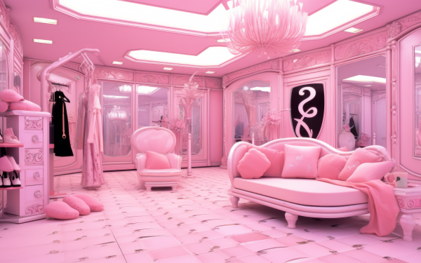 Y2K aesthetic room with pink decor and furniture, featuring a stylish sofa, elegant mirror, and chic chandelier, perfect for a trendy HD desktop wallpaper and background.