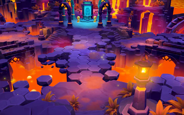 Fae Farm HD desktop wallpaper featuring a magical, mystical setting with vibrant colors, floating islands, and glowing gateways for a fantasy background.