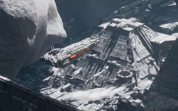 HD desktop wallpaper featuring a detailed sci-fi spaceship nestled among icy celestial bodies in space.