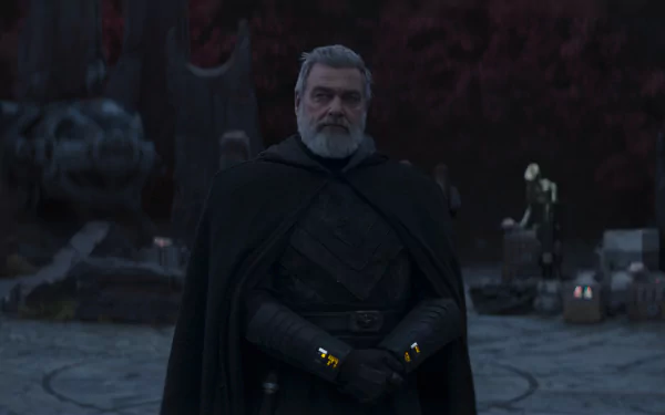 A dramatic scene featuring Baylan Skoll from the TV show Ahsoka (2023), set against a dark backdrop with intricate details, serving as an engaging HD desktop wallpaper.