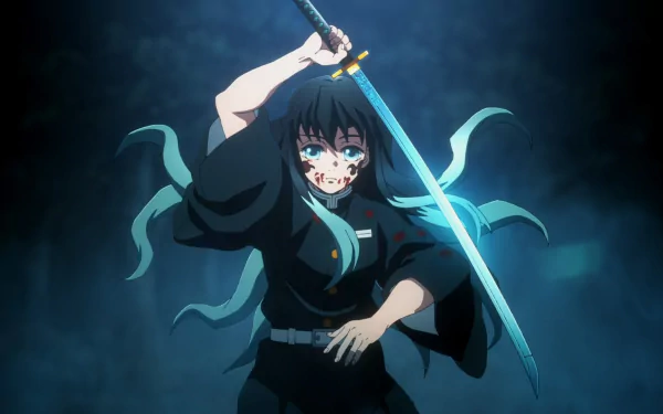 HD anime desktop wallpaper featuring a Demon Slayer: Kimetsu no Yaiba character wielding a glowing blue sword in a dark, atmospheric setting.