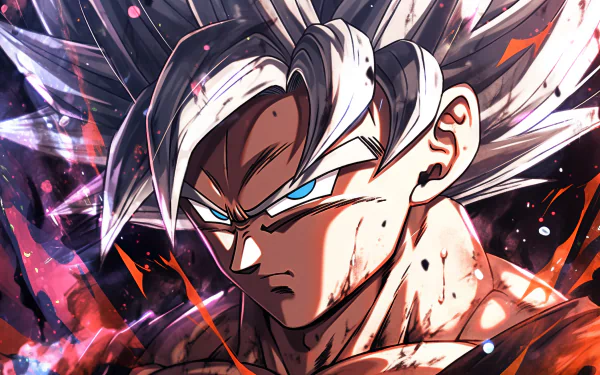 HD wallpaper featuring Goku in Ultra Instinct form from Dragon Ball Super with dynamic energy aura background.
