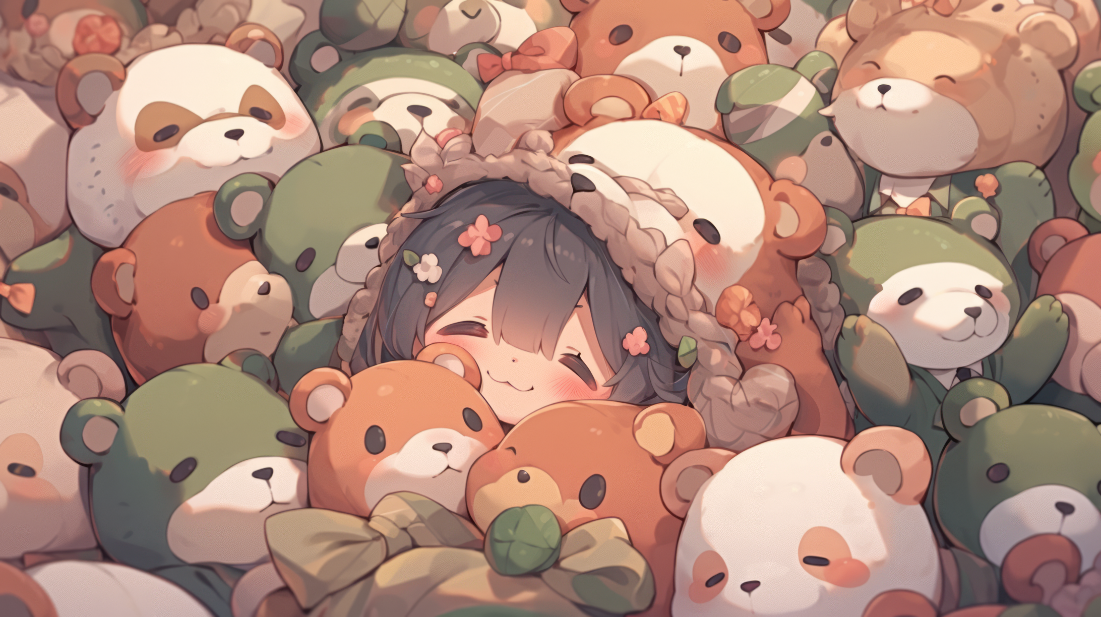 HD desktop wallpaper of a happy person surrounded by cute stuffed bears in soft pastel tones, perfect for a cozy background.