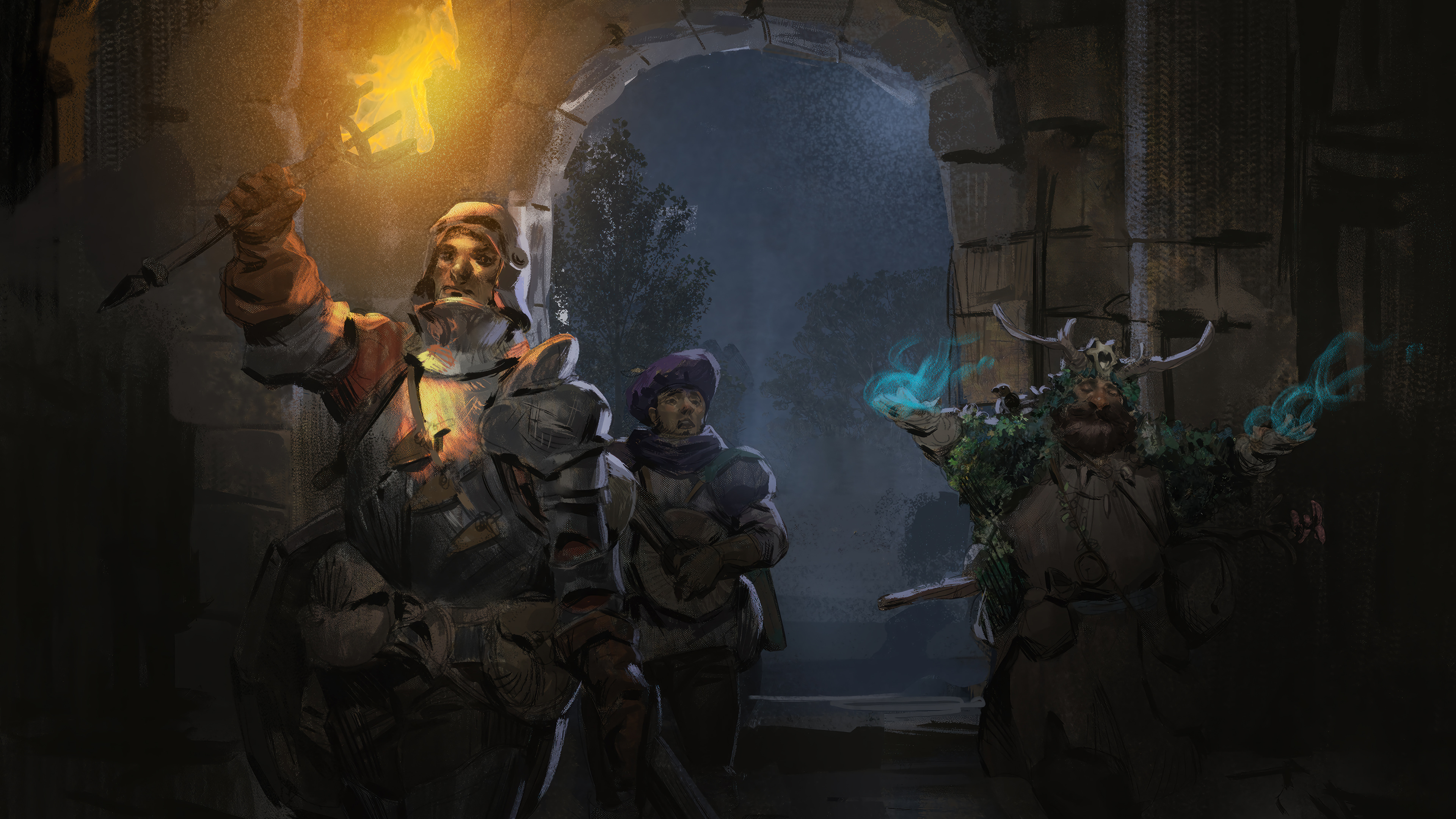 HD wallpaper featuring adventurers from Dark and Darker exploring a shadowy dungeon, with a mystical glowing light enhancing the eerie atmosphere.