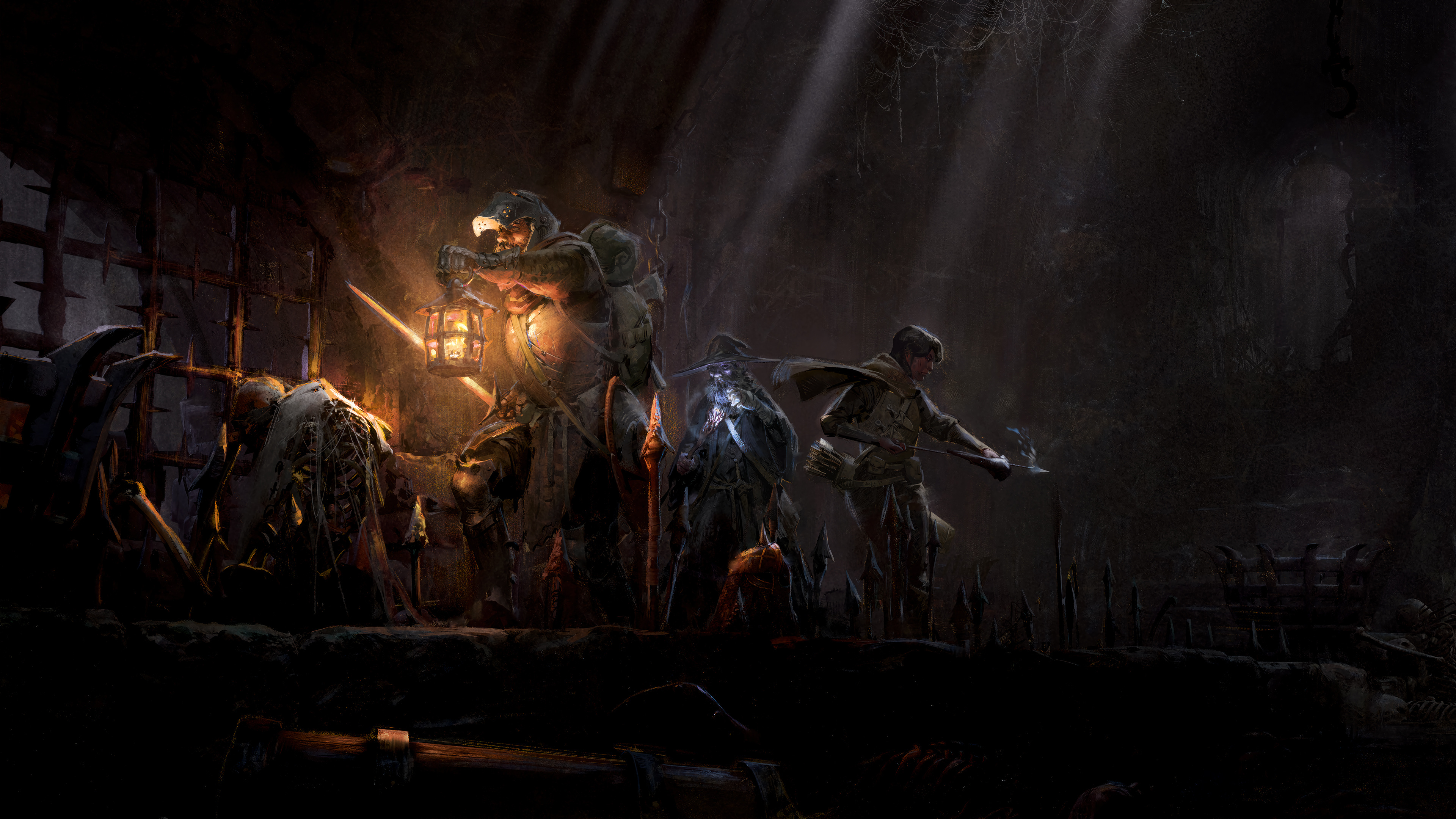 Alt-text: HD desktop wallpaper featuring a Dark and Darker game scene with characters exploring a dimly-lit, eerie underground environment.