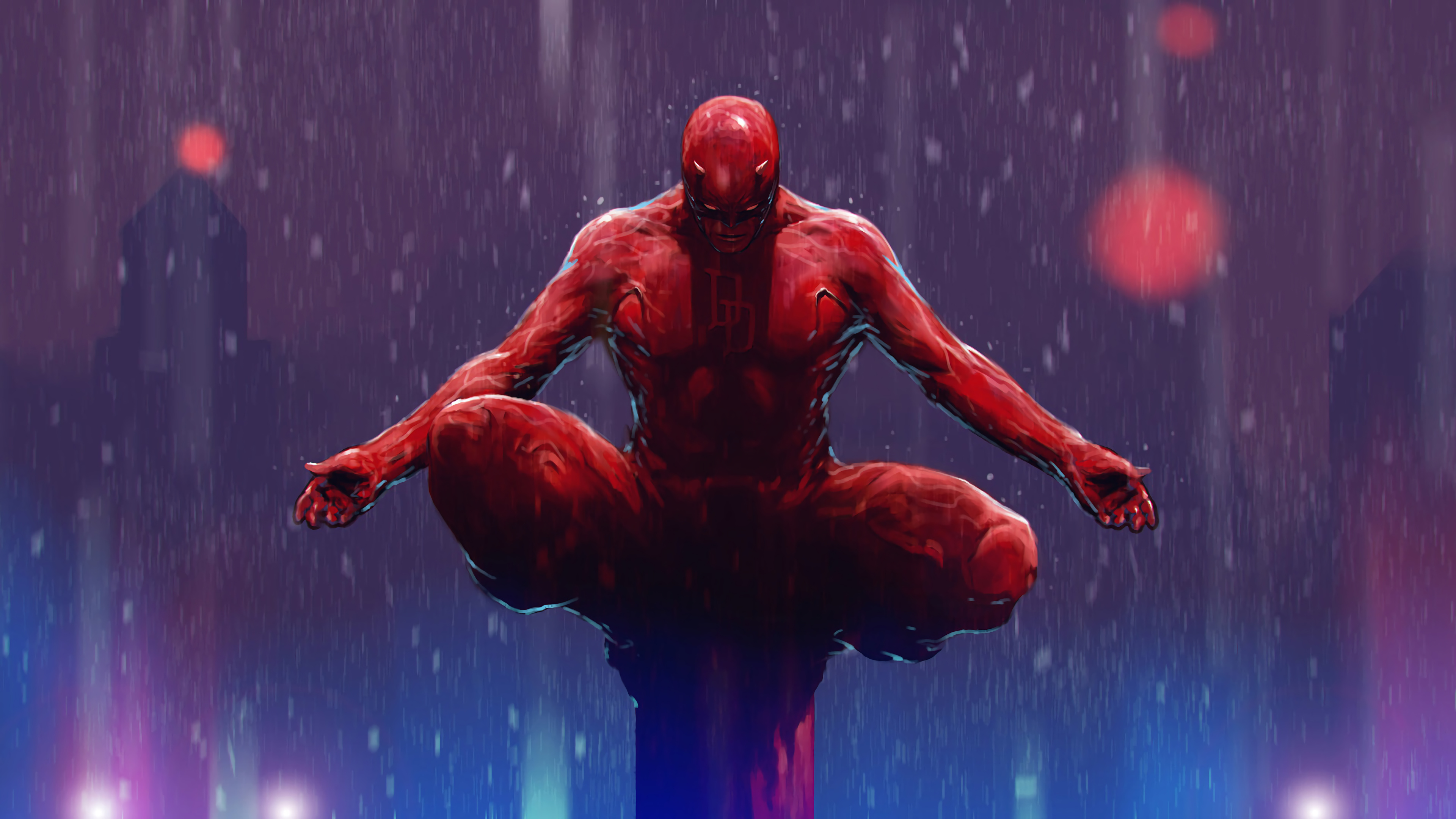 HD wallpaper featuring Daredevil in a meditative pose against a moody, rainy backdrop, perfect for desktop background use.