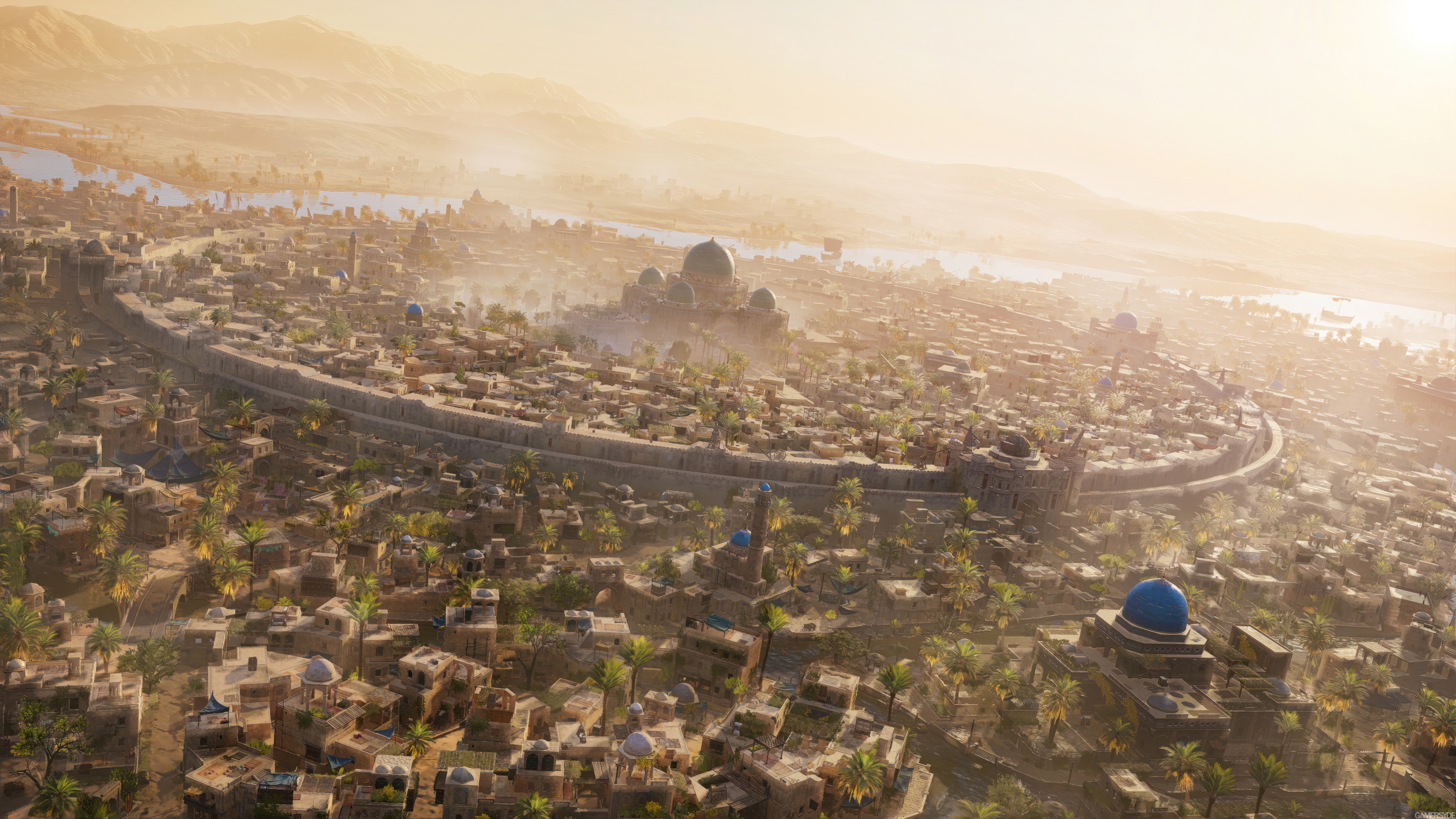HD desktop wallpaper from the video game Assassin's Creed Mirage depicting a panoramic view of an ancient city at sunrise.