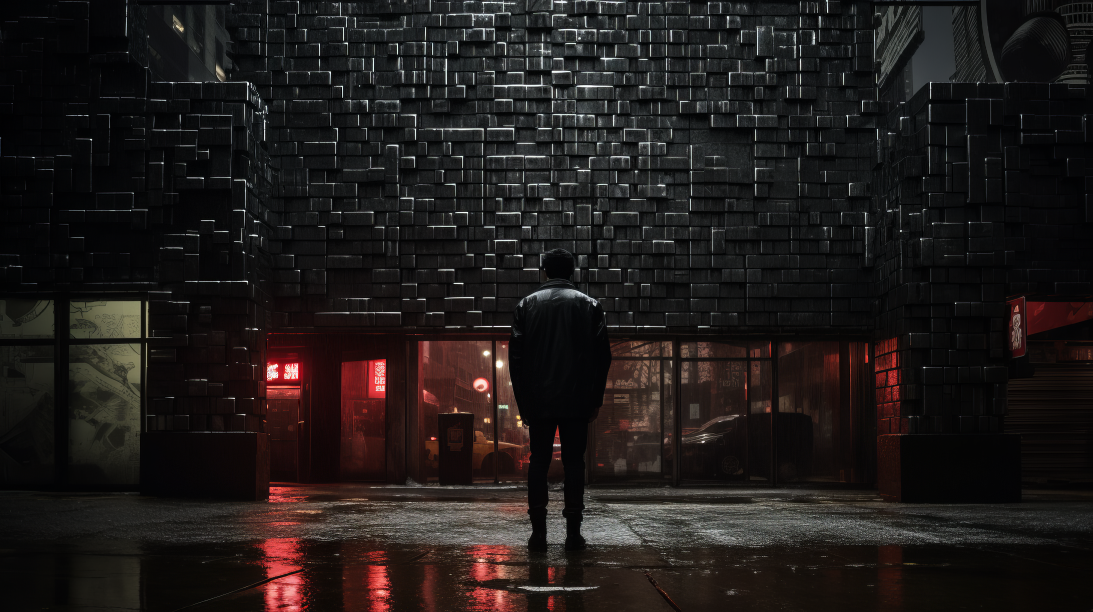 HD wallpaper of solitary figure in a dramatic, rain-soaked city street at night with glowing red lights