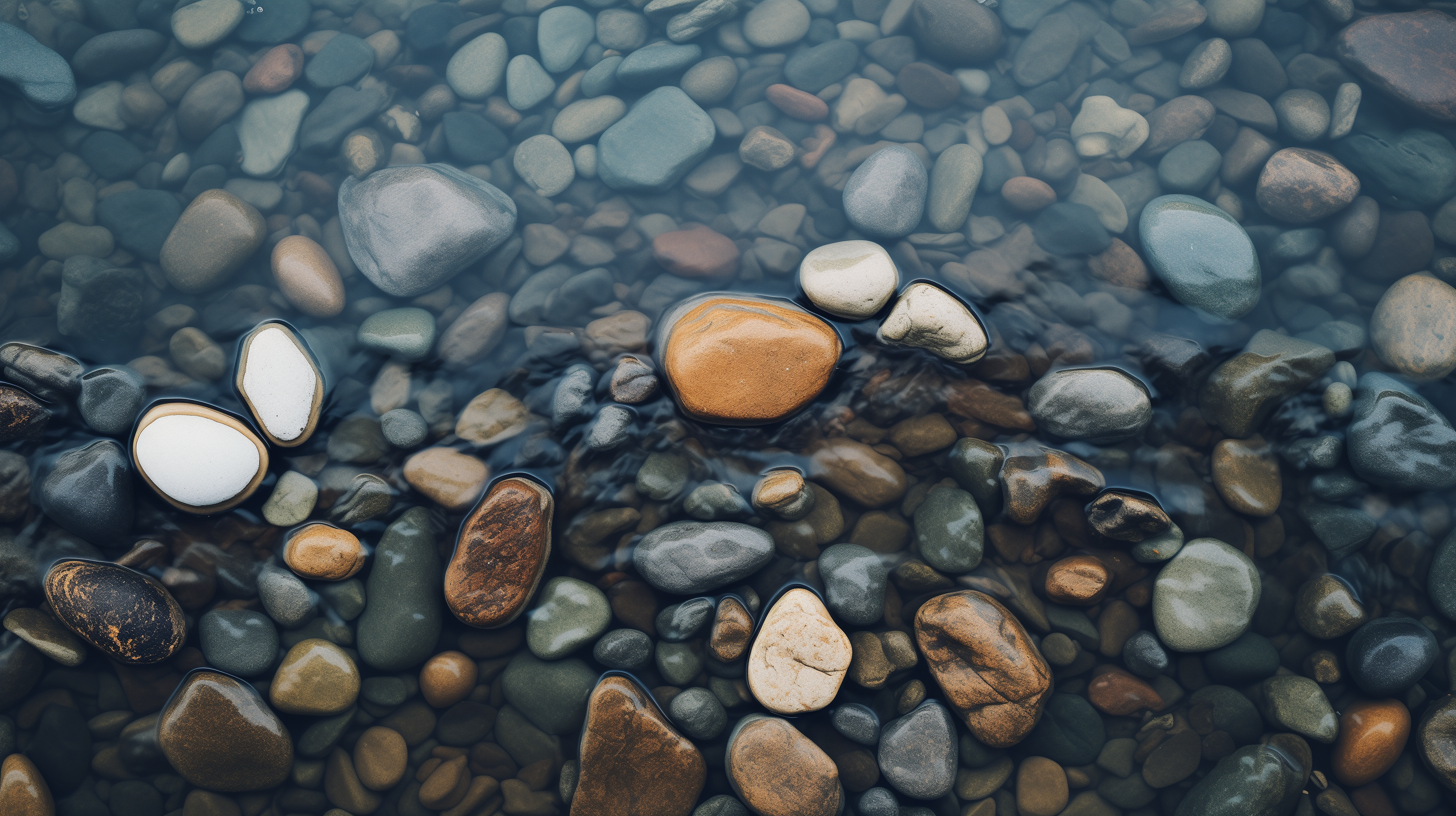 HD wallpaper of smooth stone pebbles submerged in clear water, creating a serene desktop background with a natural pebble texture.