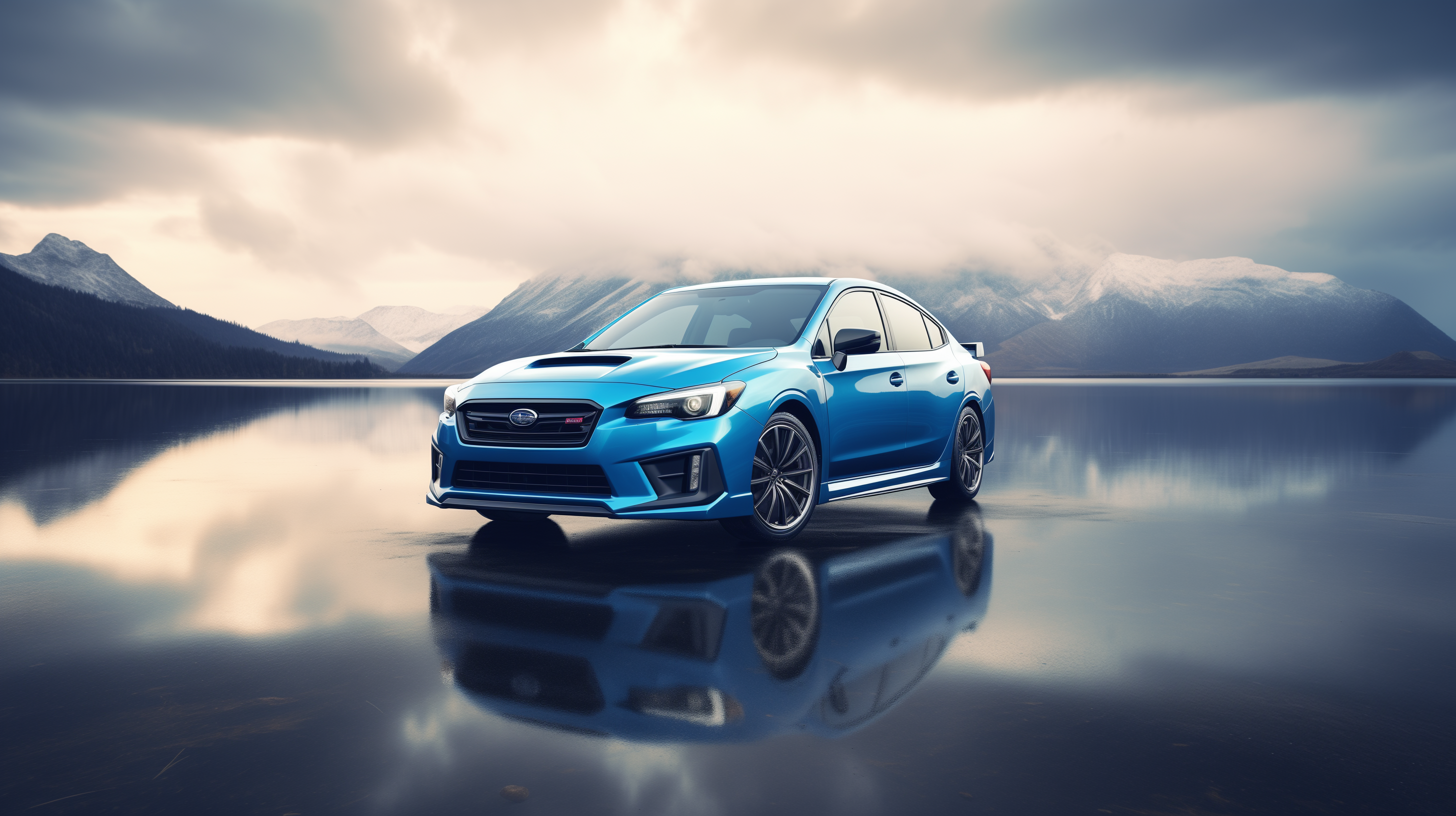 Blue Subaru car HD desktop wallpaper with mountain and lake reflection background.