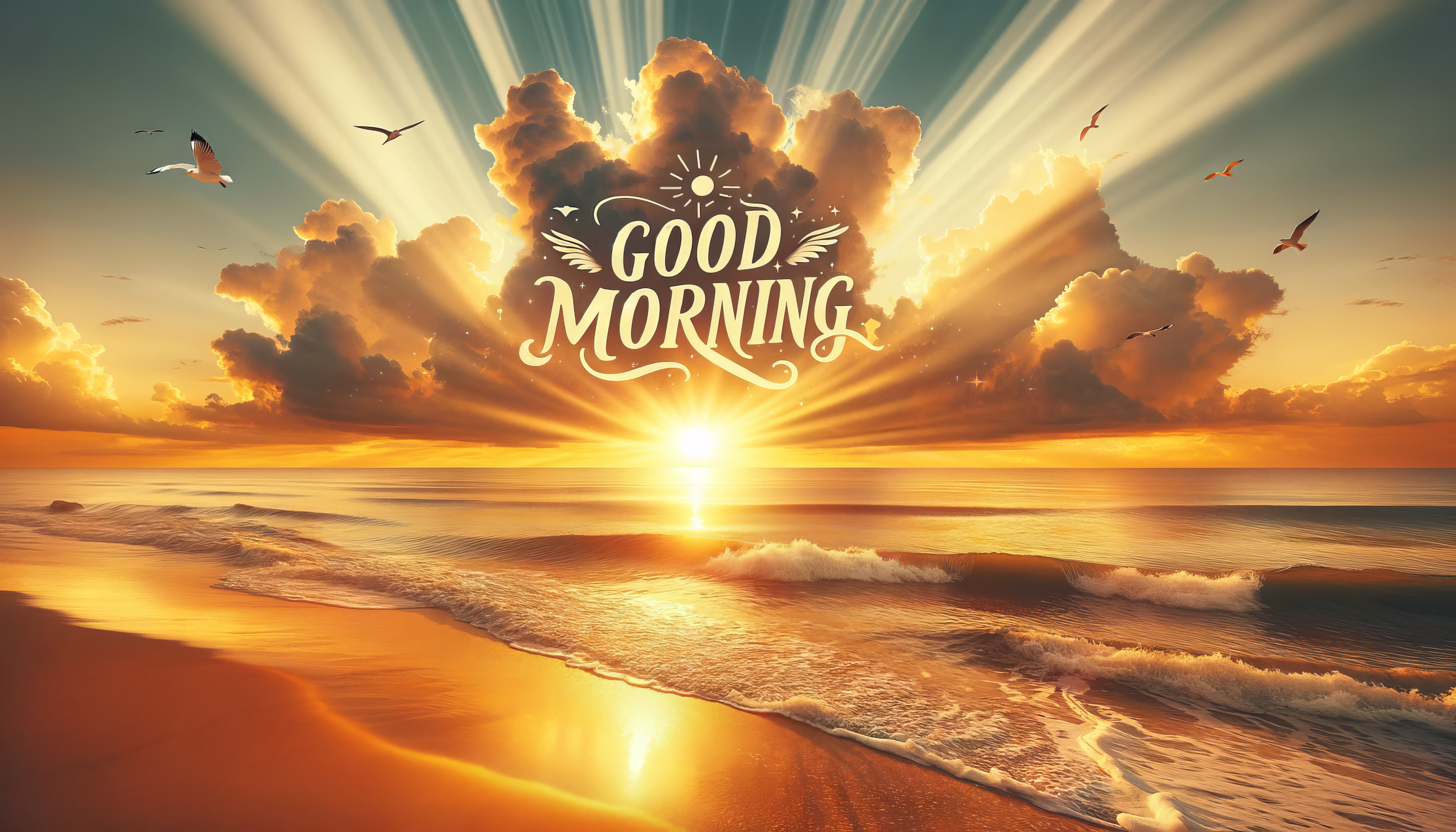 Good Morning text with sunny beach sunrise and flying birds, ideal for HD desktop wallpaper.