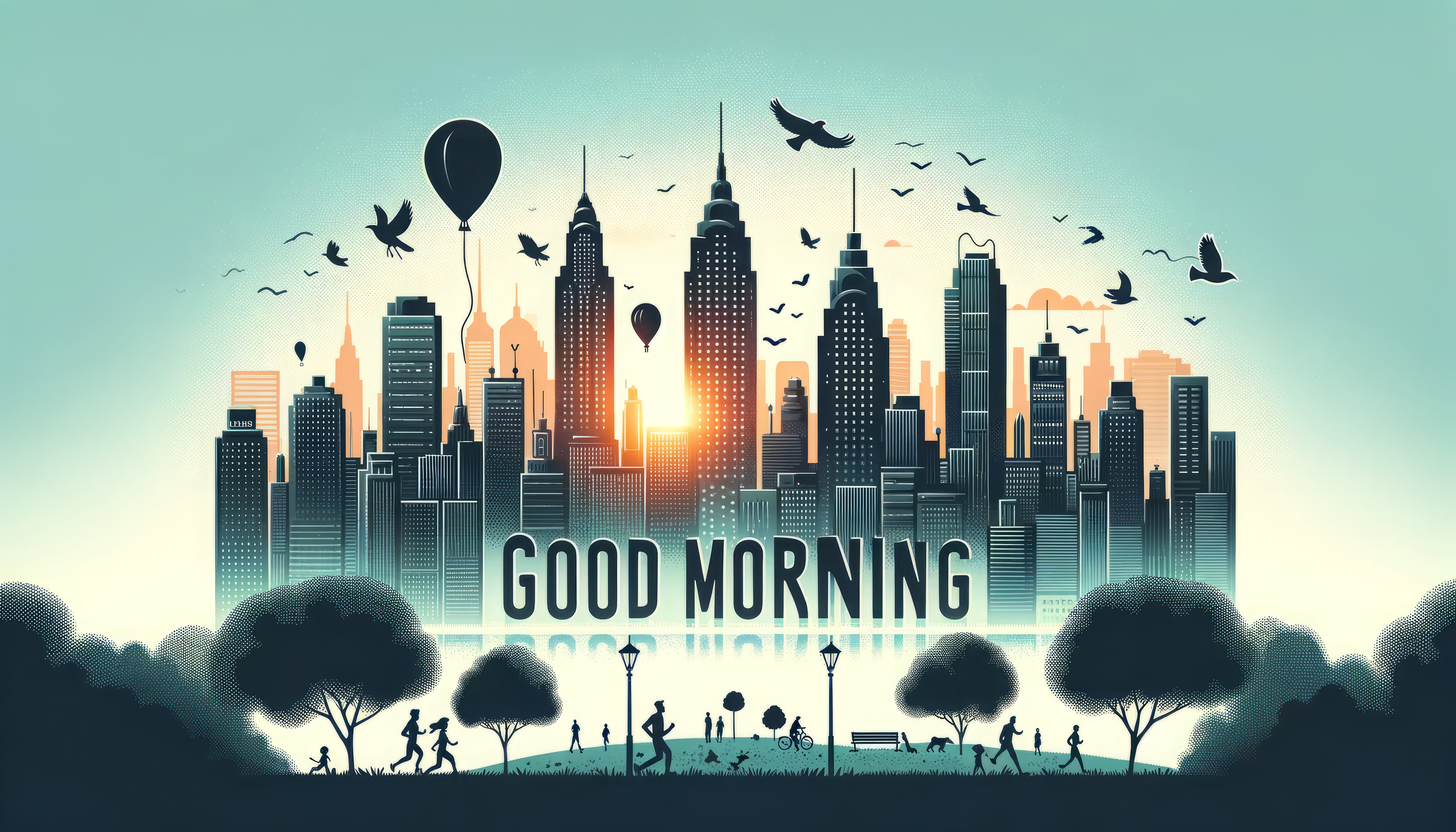 Inspirational Good Morning cityscape wallpaper with a sunrise, silhouette skyline, birds, hot air balloon, and people engaging in morning activities.