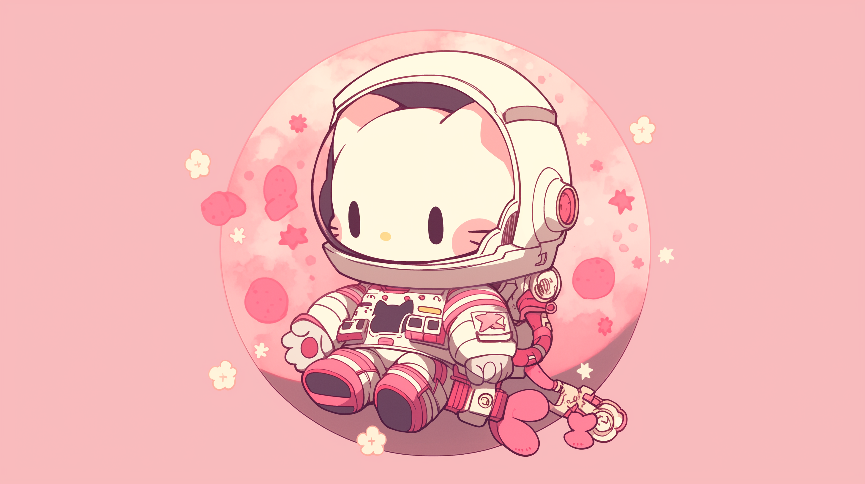 Hello Kitty astronaut illustration on a pastel pink background, perfect for HD desktop wallpaper and background use.