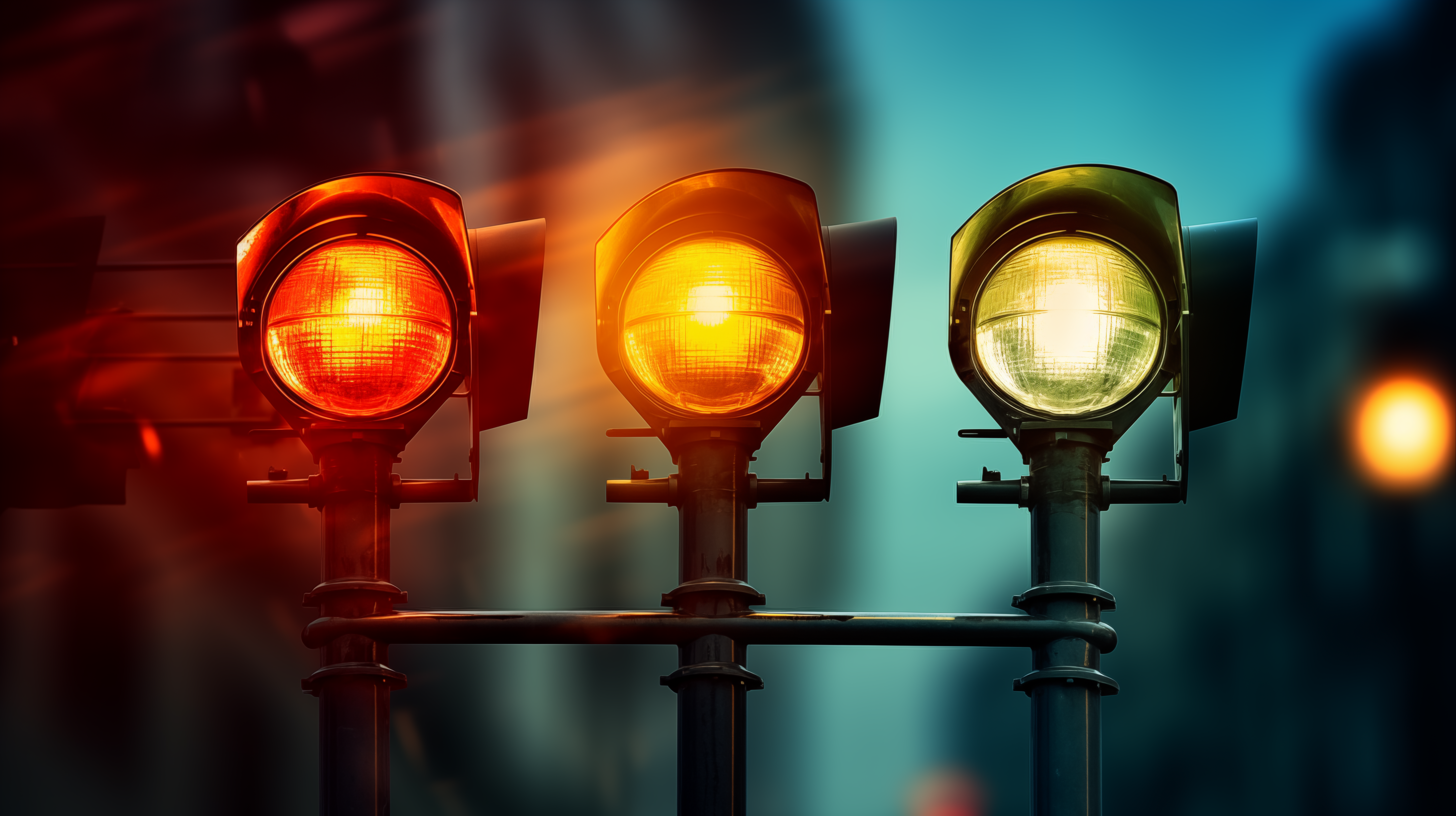 High-definition desktop wallpaper featuring a trio of traffic lights glowing red, amber, and green against a blurred city background.