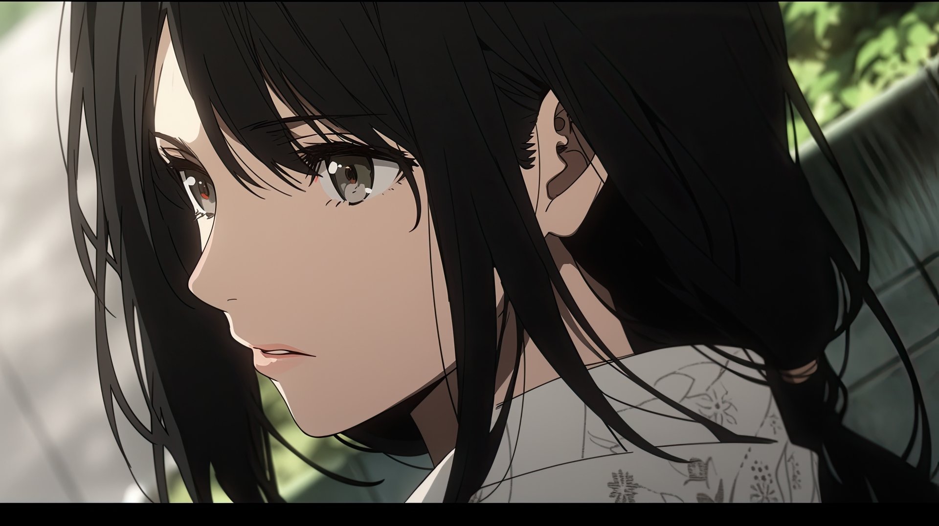 Close-up of an anime girl with long black hair and expressive eyes, rendered in stunning 8K Ultra HD detail for a PC desktop wallpaper background.