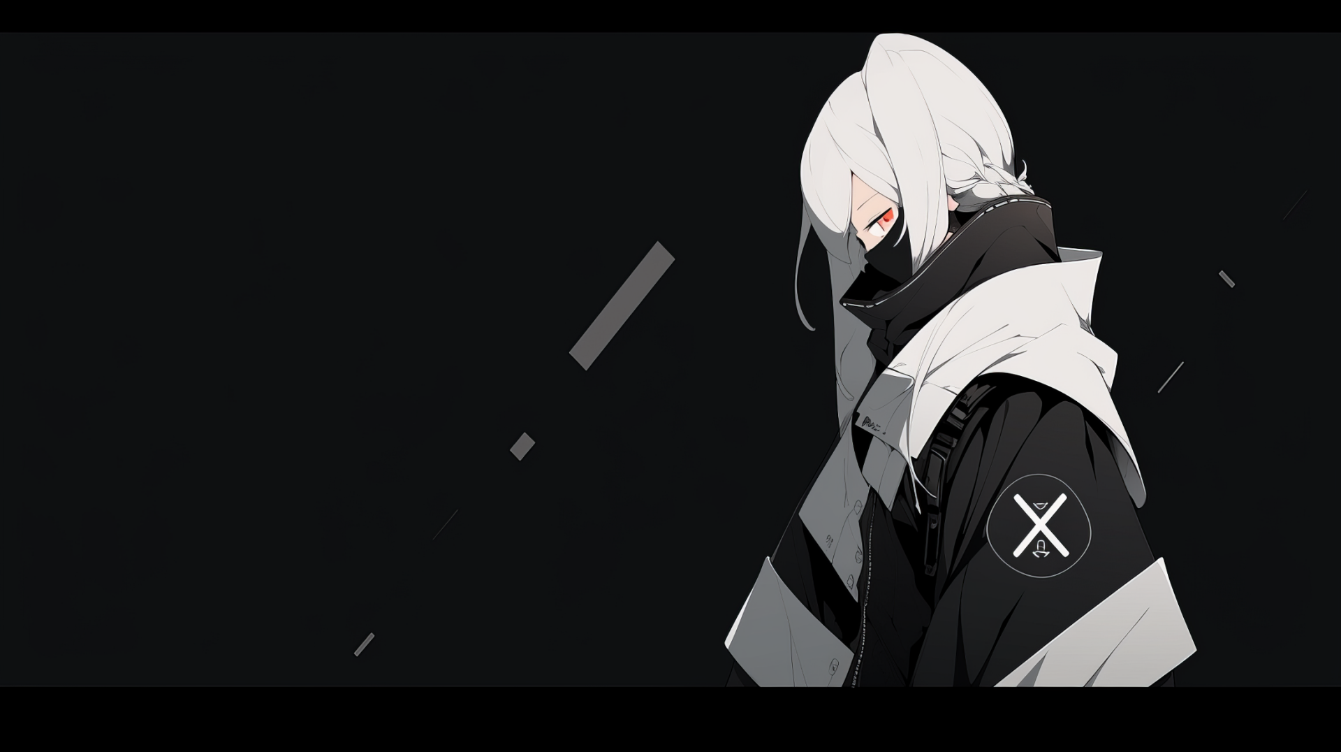 A stylish anime girl with long white hair, dressed in a black and gray outfit, stands against a dark background, making it a striking HD wallpaper for desktop use.