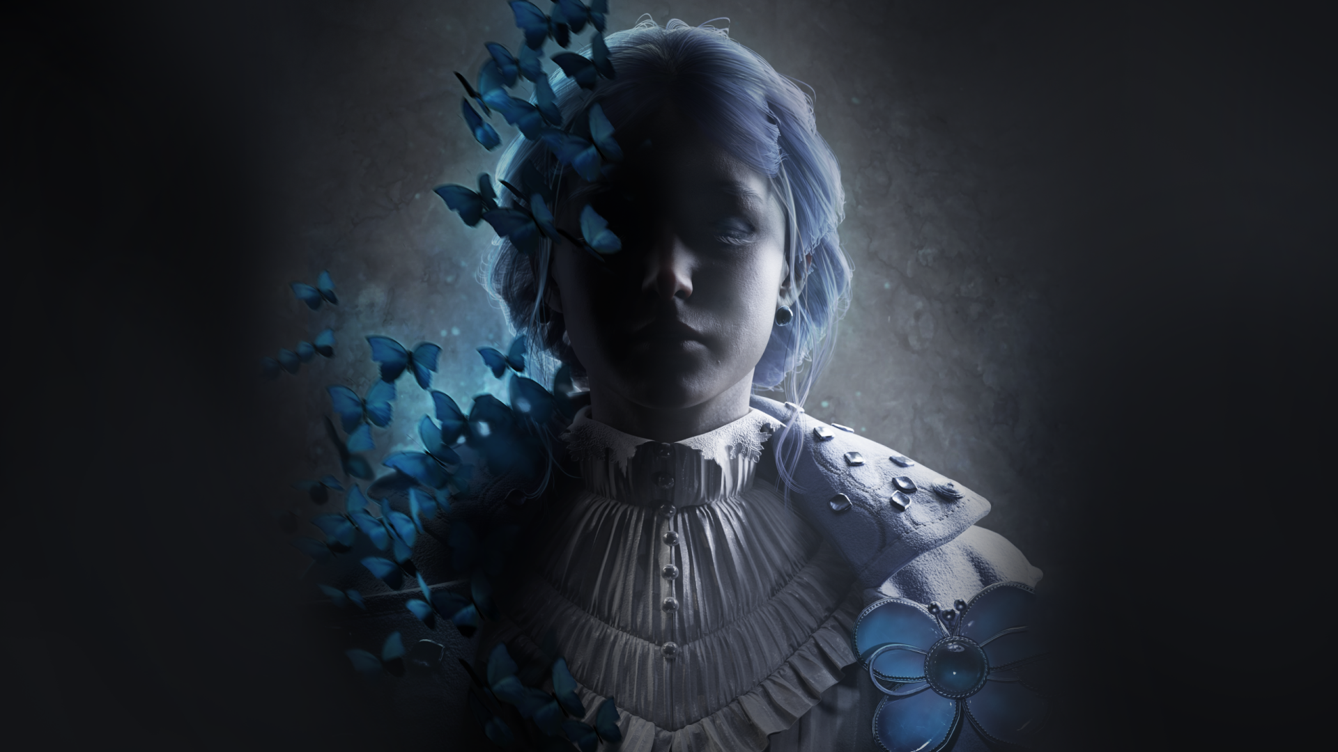 A captivating HD desktop wallpaper from the video game Lies Of P, featuring a mysterious figure partially obscured by blue butterflies against a dark background.