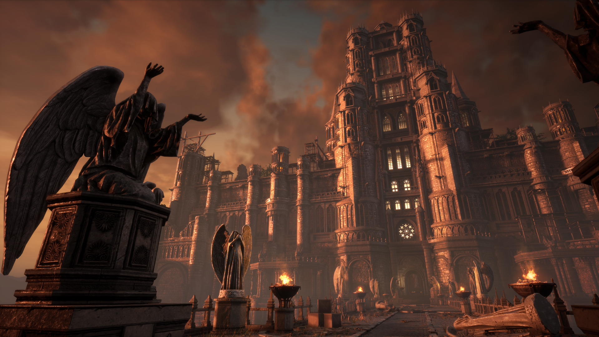 High-definition desktop wallpaper of a scene from Lies Of P video game, featuring gothic architecture and statues with a dramatic sky backdrop.