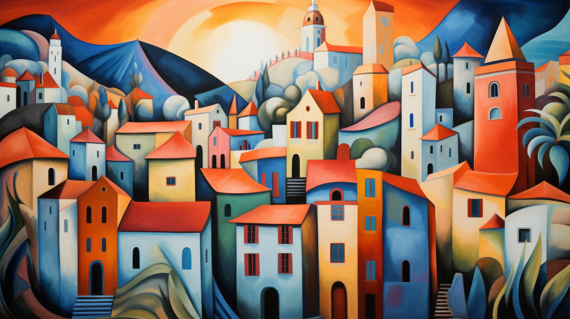 Expressionist style painting of a colorful cityscape at sunset for HD desktop wallpaper and background.