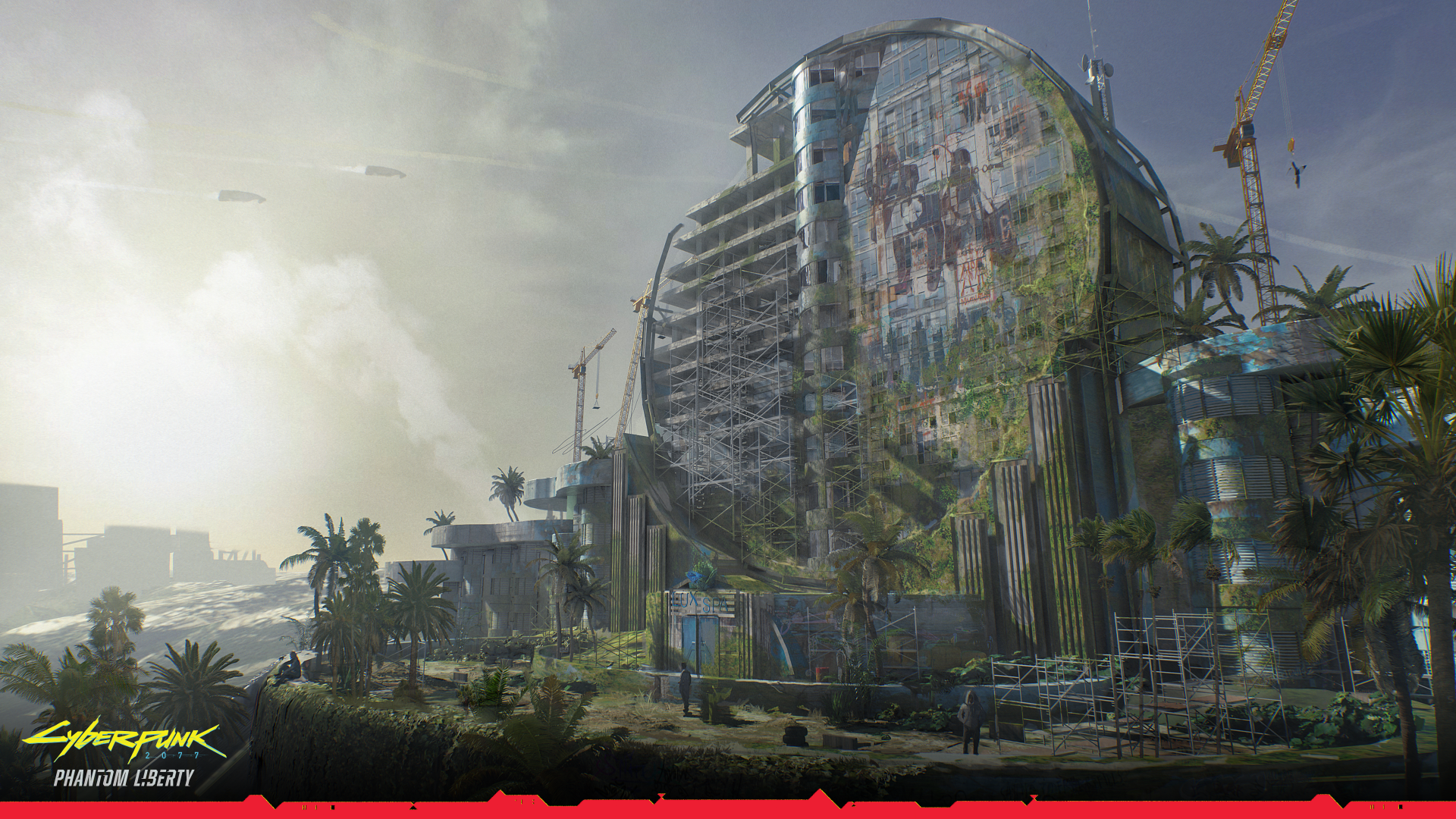 HD desktop wallpaper from Cyberpunk 2077 featuring a post-apocalyptic scene with a dilapidated building and overgrown vegetation.