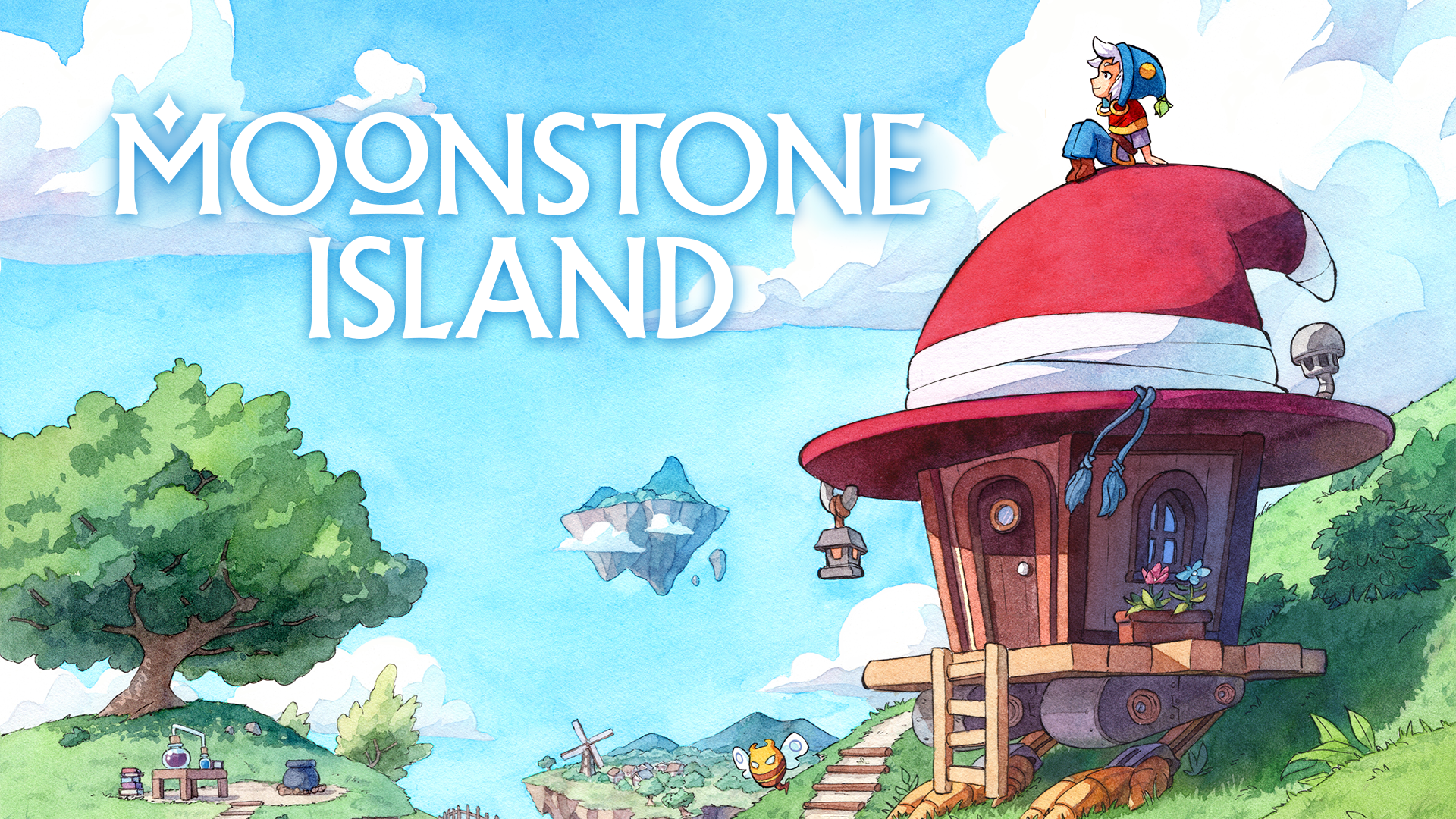 HD desktop wallpaper from the video game Moonstone Island, featuring a whimsical scene with a character standing atop a mushroom-shaped house under a blue sky.