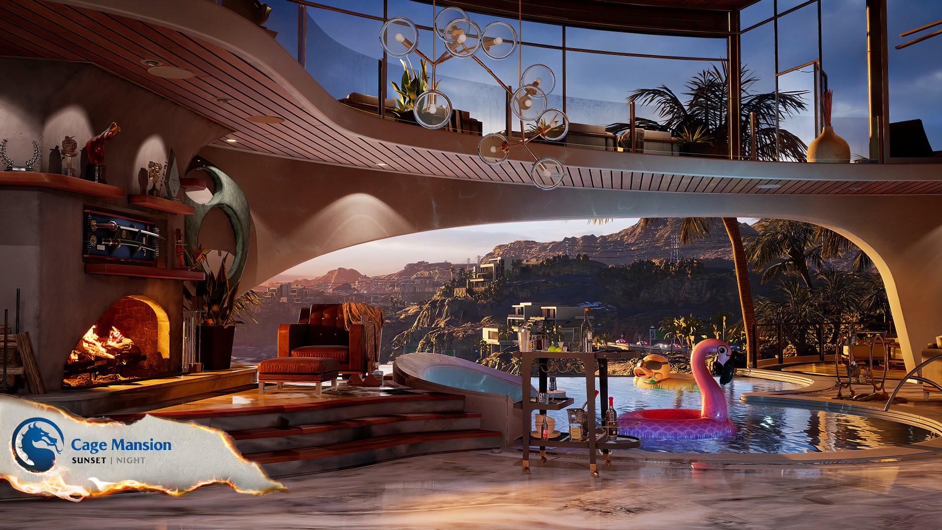 HD desktop wallpaper featuring the luxurious Cage Mansion from Mortal Kombat, showcasing an indoor pool with a stunning mountain view at sunset.