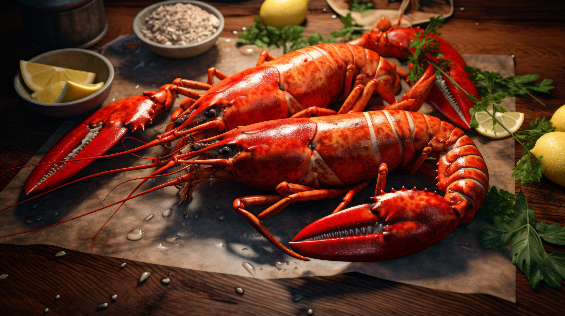 A vibrant HD desktop wallpaper featuring fresh lobsters surrounded by lemon, herbs, and seafood ingredients, beautifully showcasing the allure of seafood cuisine.