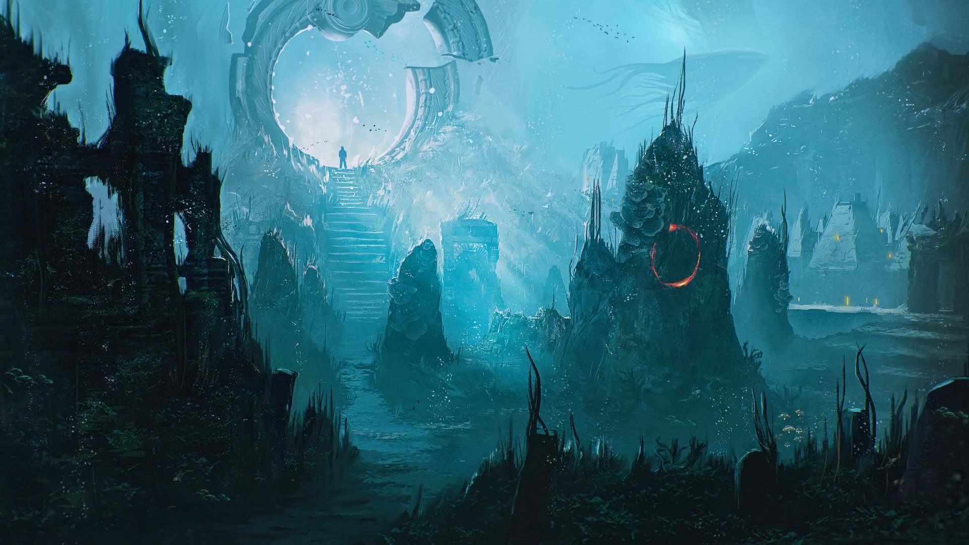 Underwater ancient ruins from the video game Sherlock Holmes: The Awakened, rendered in stunning 8K Ultra HD for PC desktop backgrounds.