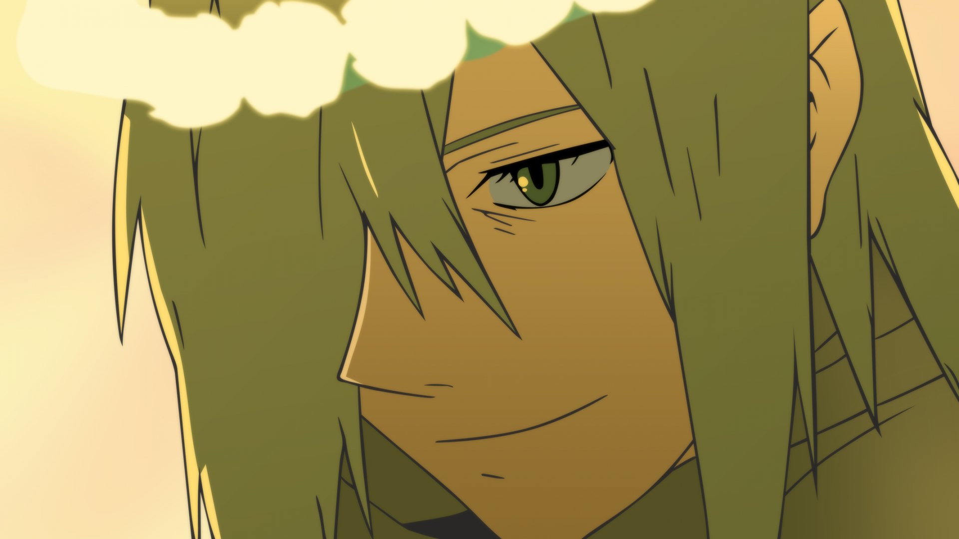 Close-up profile of Viral from Tengen Toppa Gurren Lagann, green-haired smirk in warm tones — anime HD PC desktop wallpaper and background.