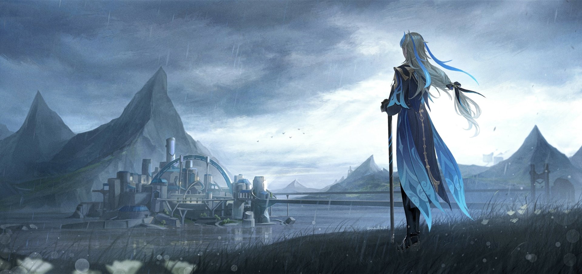 4K Ultra HD PC wallpaper featuring Neuvillette from Genshin Impact overlooking a misty landscape with mountains and a distant industrial city.