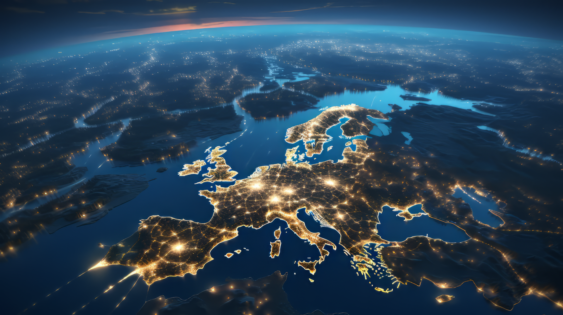 HD desktop wallpaper featuring a night-time map of Europe with illuminated city lights, showcasing the continent from a high-altitude perspective.