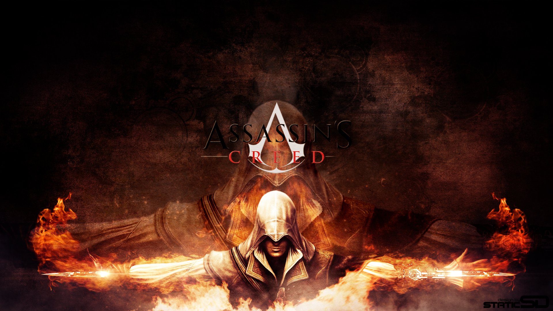 HD PC desktop wallpaper of Assassin's Creed featuring a hooded character surrounded by intense flames against a dark, smoky background.