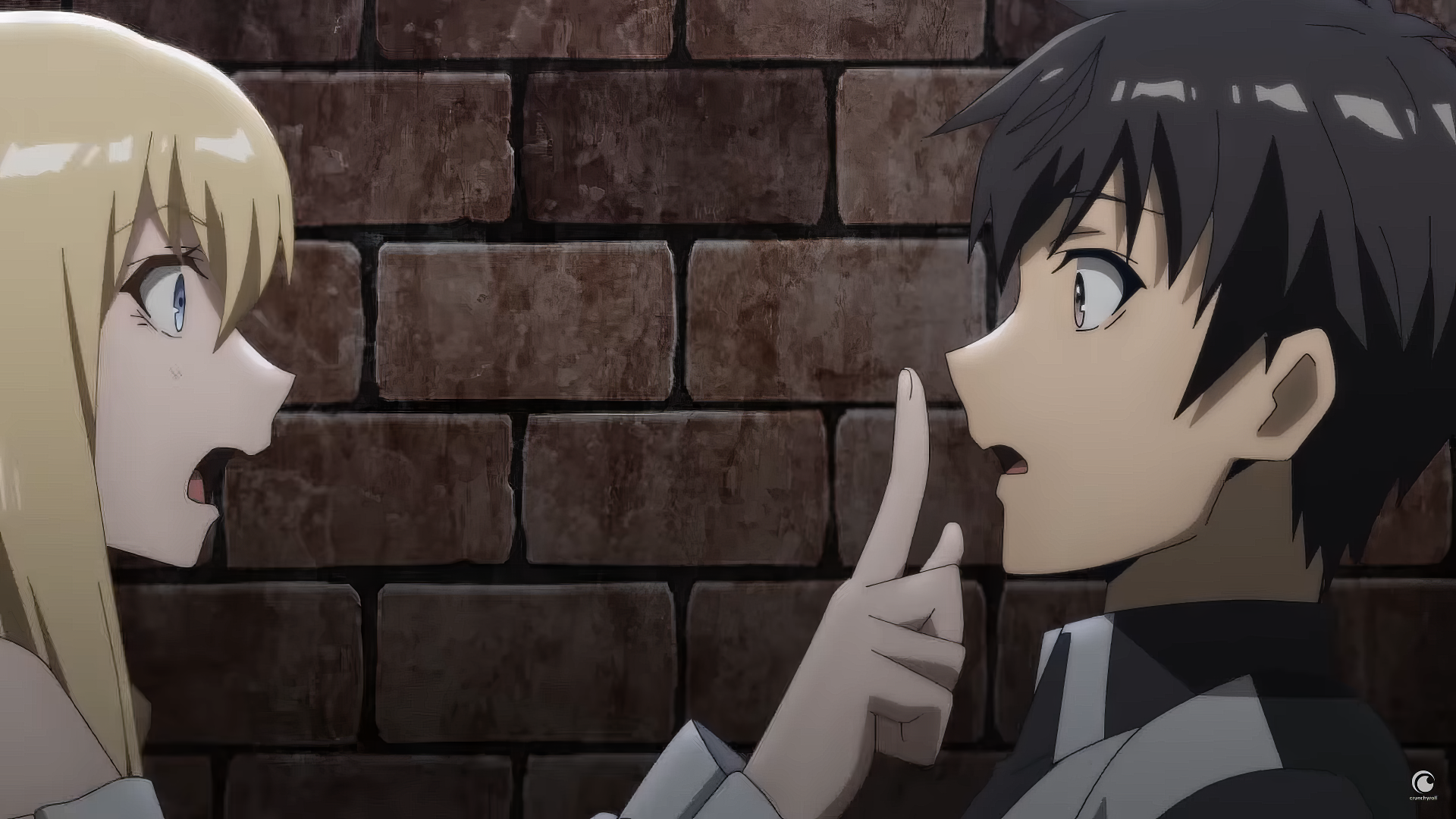 HD wallpaper featuring Roxy Hart and Fate Graphite from Berserk of Gluttony in a tense conversation against a brick wall background.