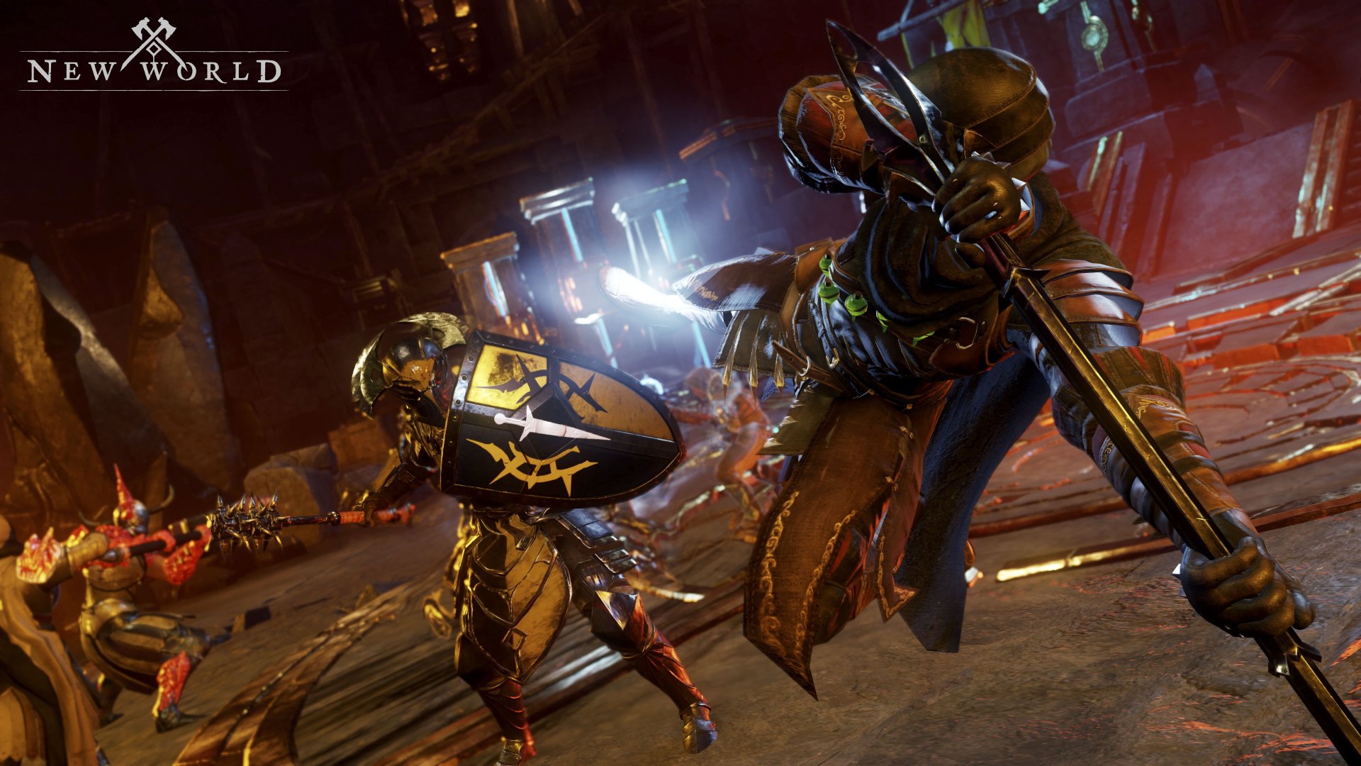 HD wallpaper of New World game featuring dynamic combat scene for desktop background.