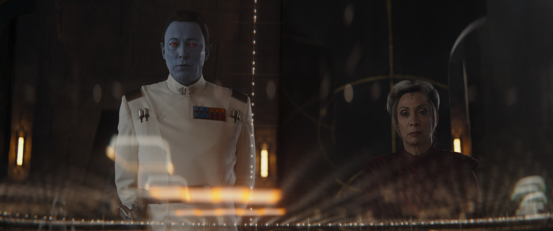 HD wallpaper featuring characters resembling Ahsoka and Grand Admiral Thrawn as a desktop background.