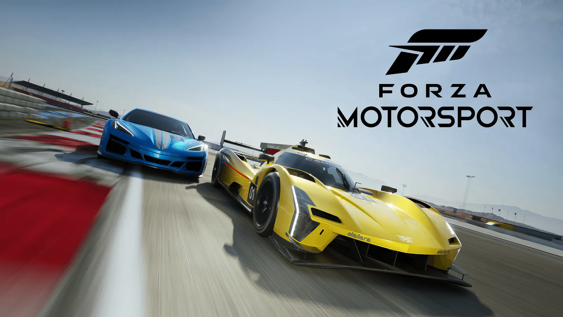 HD desktop wallpaper featuring high-speed racing action from Forza Motorsport (2023) with sleek blue and yellow race cars on a racetrack.