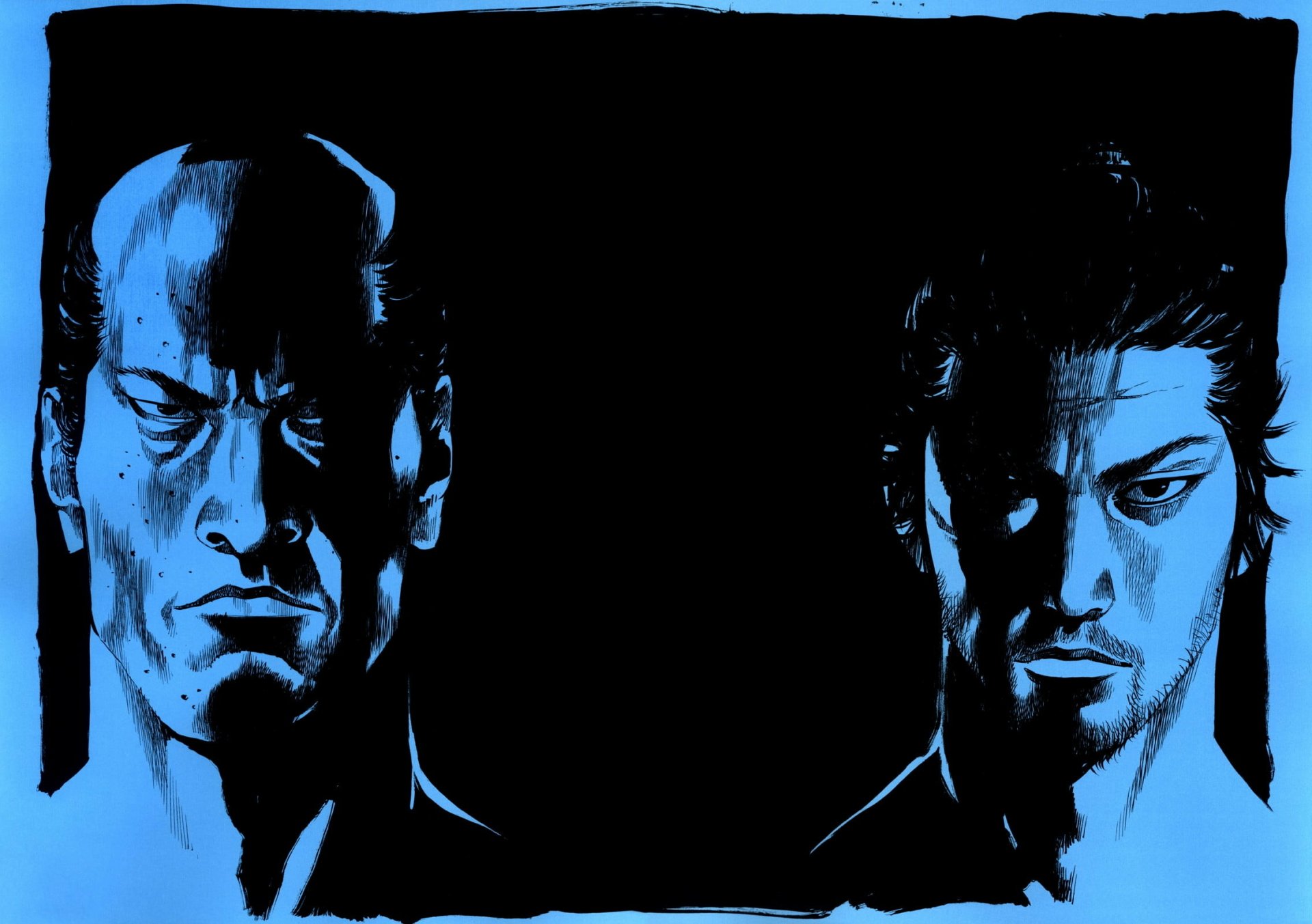 HD wallpaper featuring intense portraits of Miyamoto Musashi from the Vagabond manga series set against a dark blue background.