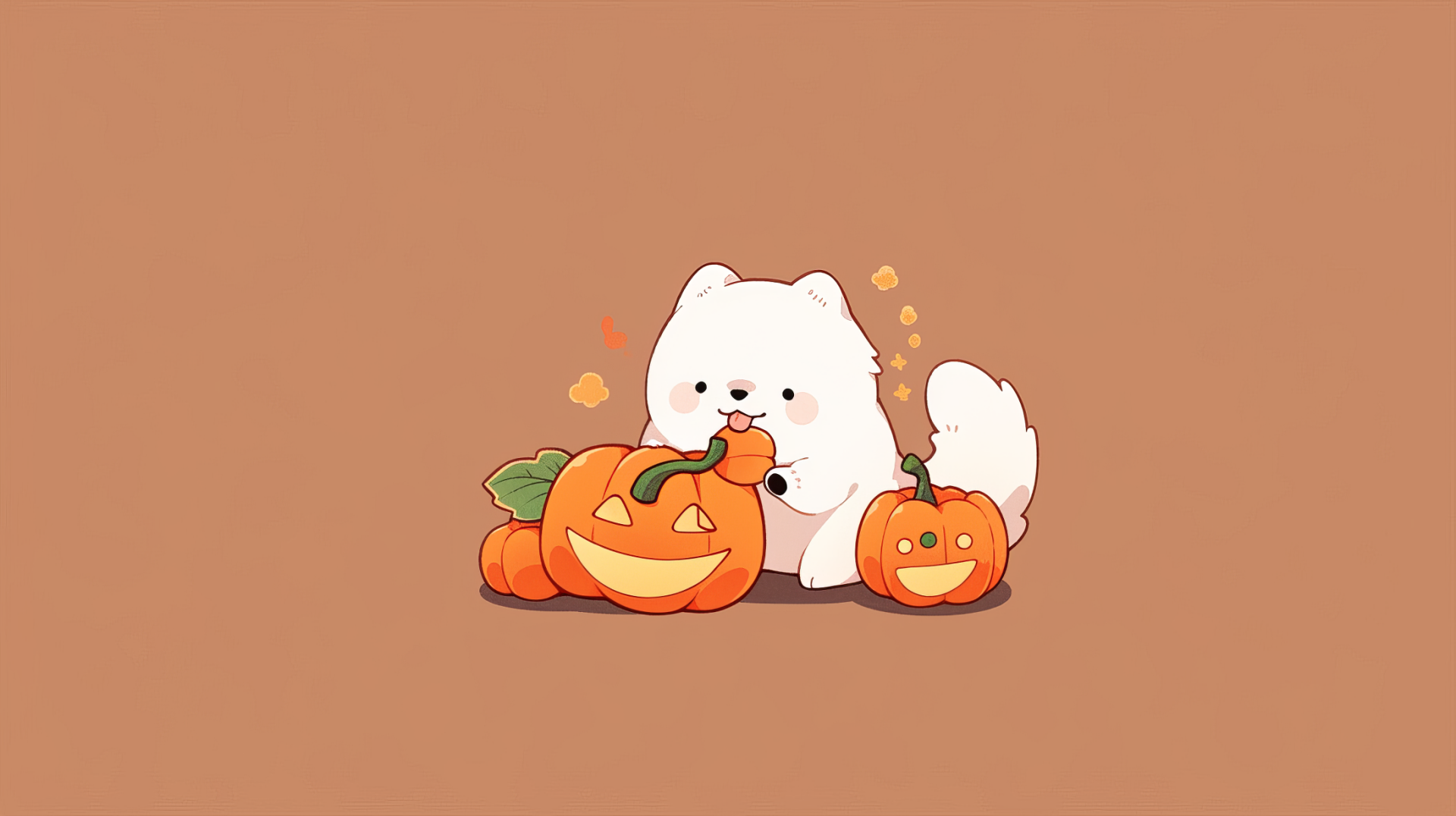 A cute dog playfully interacts with cheerful Halloween pumpkins, set against a warm brown background, making for a charming holiday-themed HD desktop wallpaper.