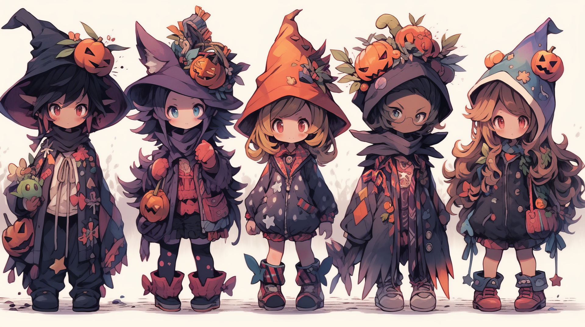 Halloween-themed HD desktop wallpaper featuring cute anime-style characters dressed in witch costumes with pumpkin accessories.