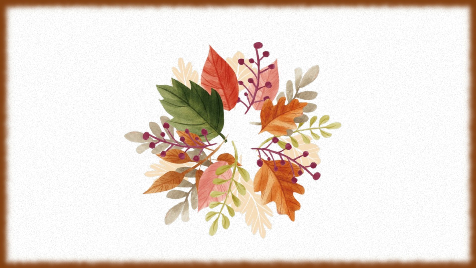 Artistic fall wreath of colorful leaves and berries on a clean white background, designed as an HD PC desktop wallpaper.