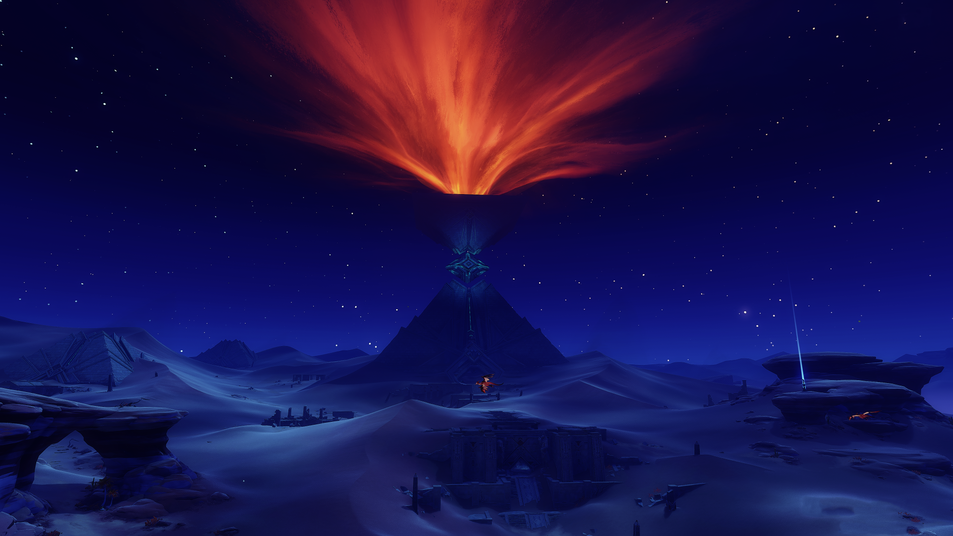 4K Ultra HD Genshin Impact wallpaper depicting a volcanic eruption against a starry night sky on a PC desktop background.