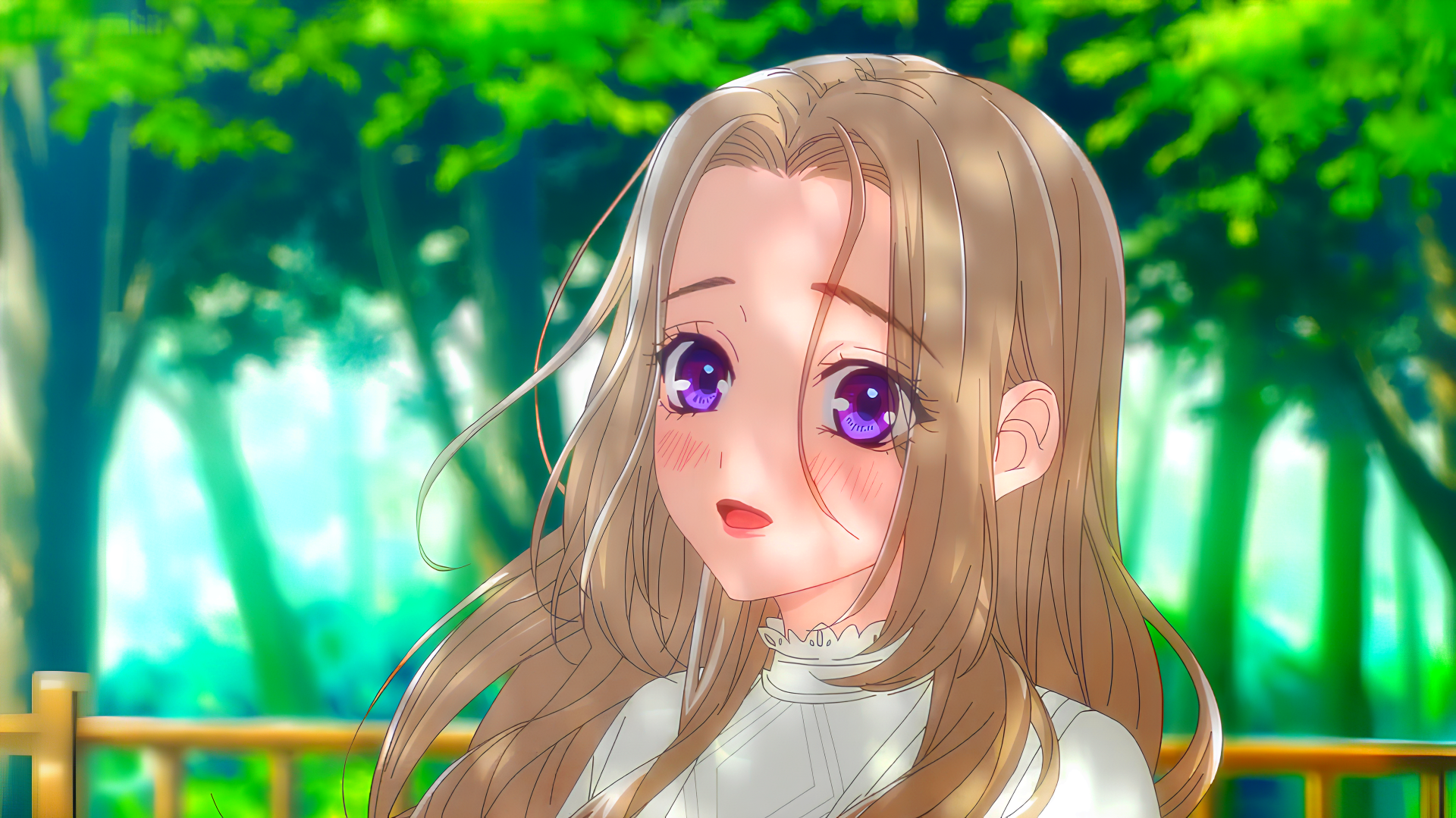 HD anime desktop wallpaper by Isaku Senagaki featuring a girl with long hair and purple eyes standing outdoors with her guard dog in a vibrant, green forest setting.