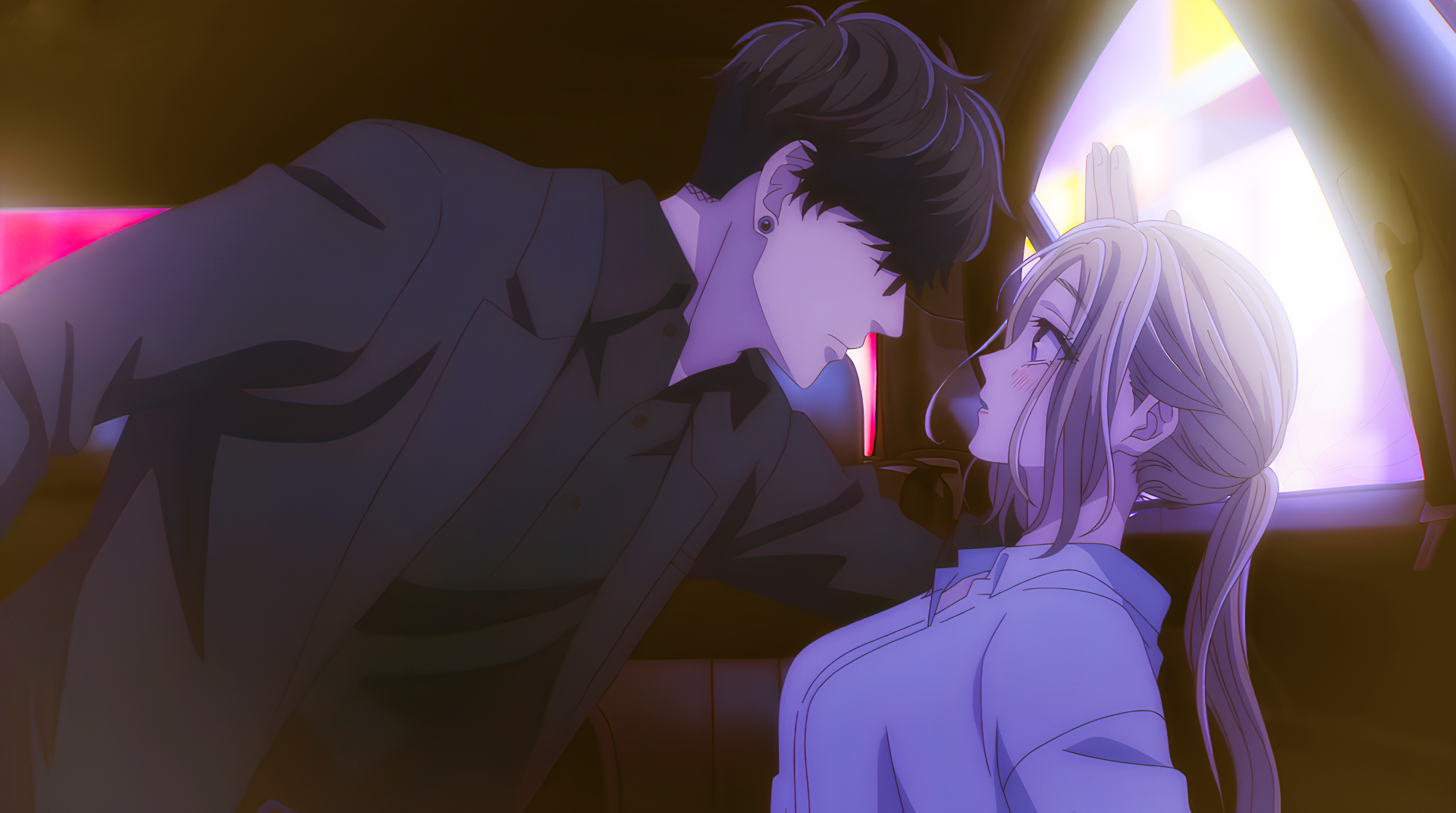 Anime-style HD desktop wallpaper featuring a tense moment between a girl and a dark-haired guard dog figure, illustrating the artwork of Isaku Senagaki.