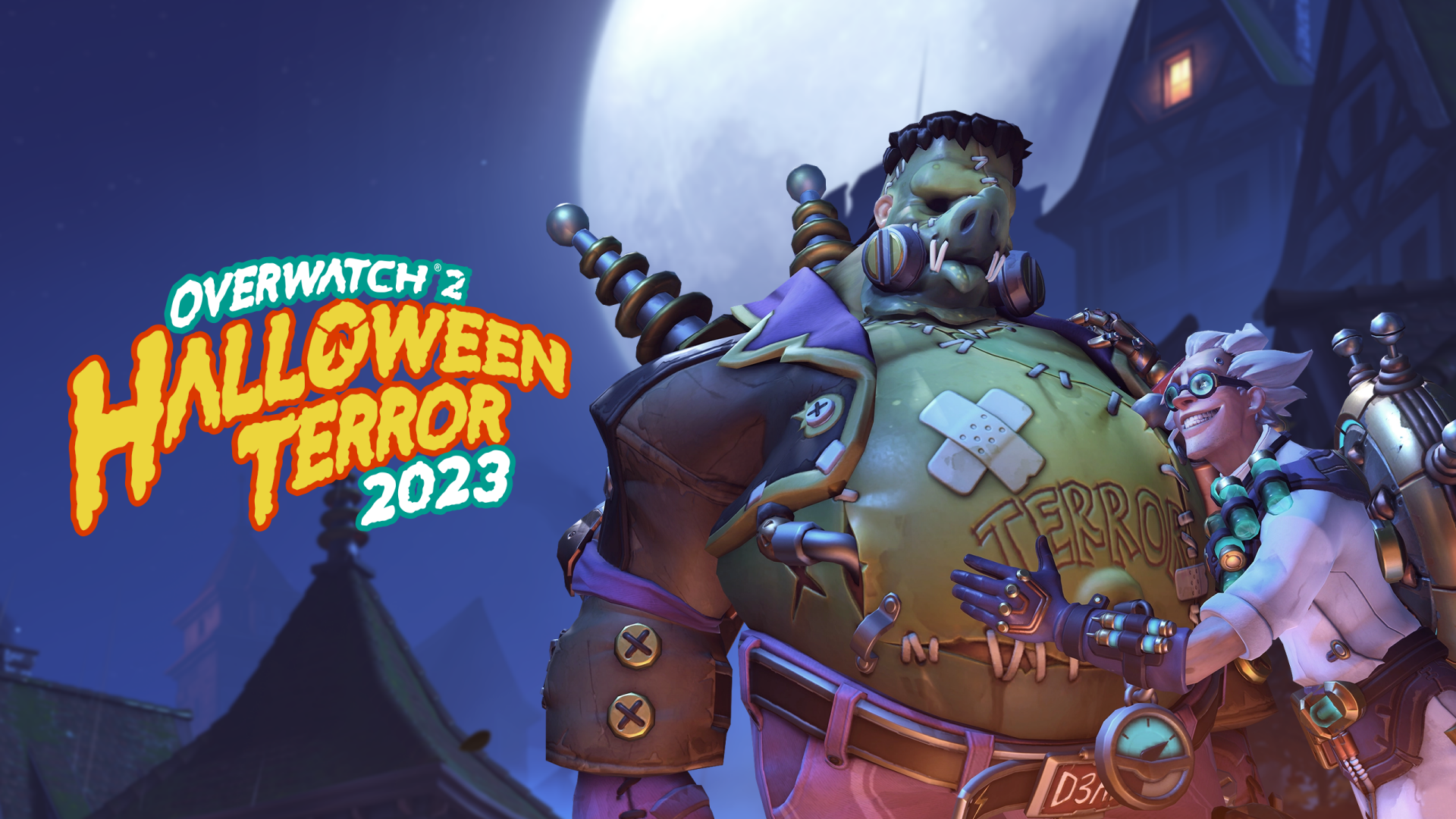 HD wallpaper of Overwatch 2 Halloween Terror 2023 event, featuring characters in spooky-themed costumes under a full moon.