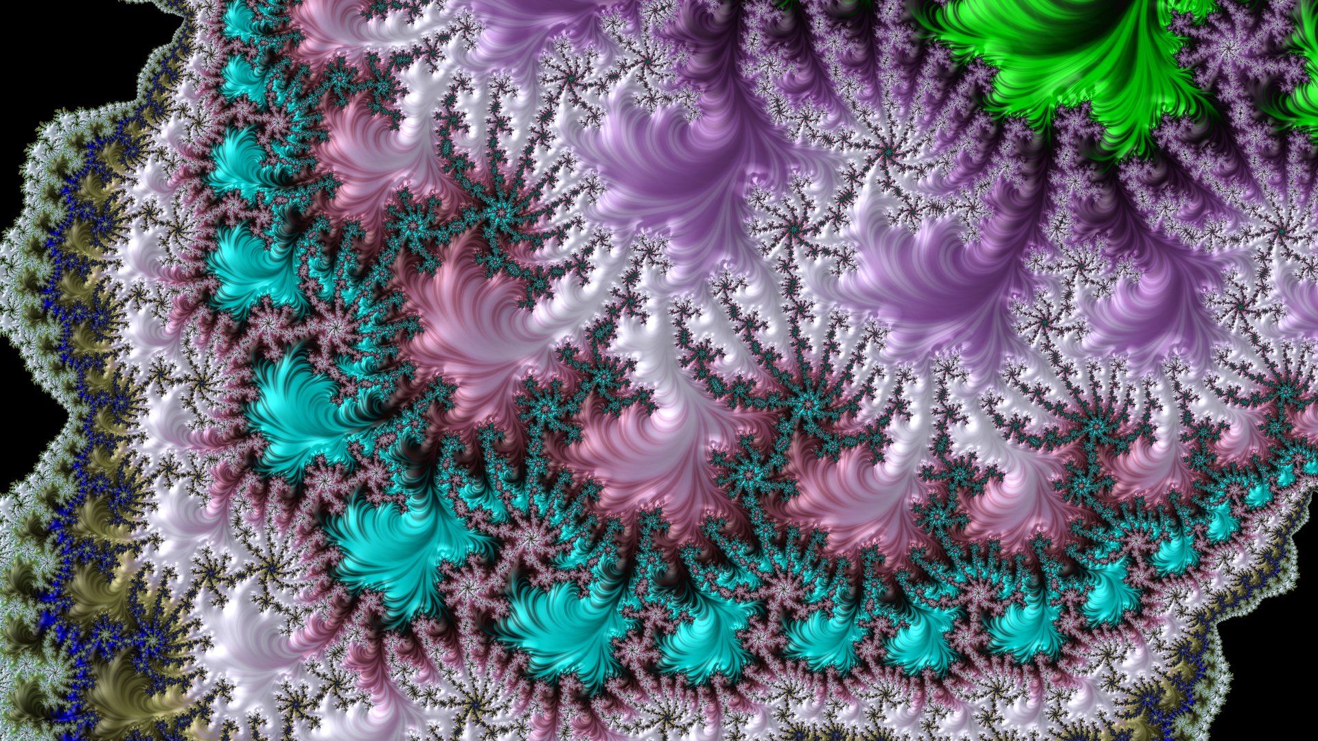 8K Ultra HD trippy psychedelic fractal PC desktop wallpaper: swirling trance-like abstract purple and pink fractal waves with teal and green highlights and intricate repeating ferns.