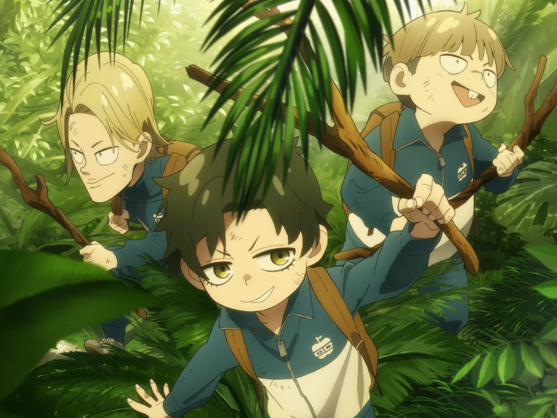 HD Anime desktop wallpaper from Spy x Family featuring three characters exploring a lush green forest with adventurous expressions.