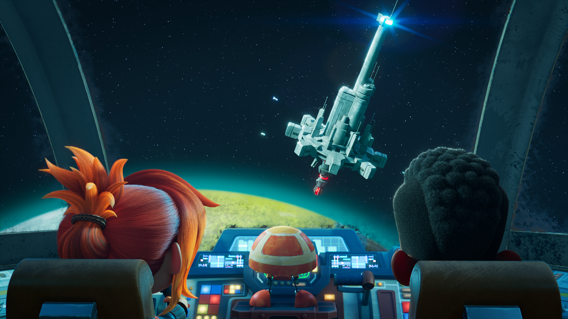 A vibrant HD desktop wallpaper from Star Wars: Young Jedi Adventures, featuring three characters in a spaceship cockpit, gazing at a space station against a starry backdrop.