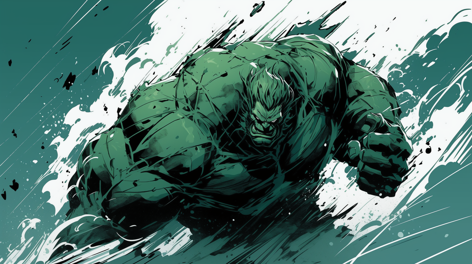 A dynamic HD wallpaper featuring the Hulk in a comic style, showcasing his powerful stance and explosive energy against a vibrant green background.