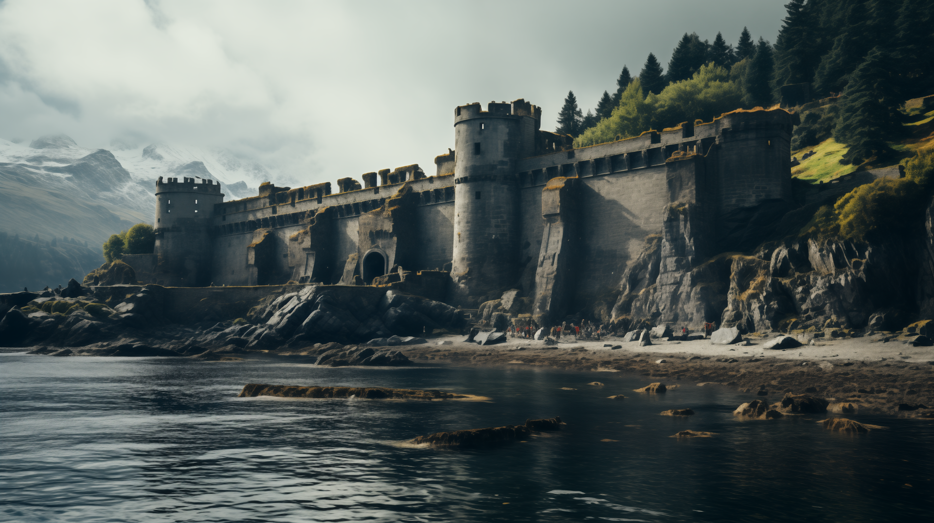 HD desktop wallpaper featuring an ancient fortress ruin on a rugged coastline with forest-covered hills and a serene sea in the foreground.